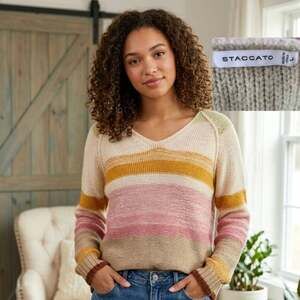 Staccato Striped VNeck Knit Sweater Pastel Boho Neutral Chunky Cottagecore Large
